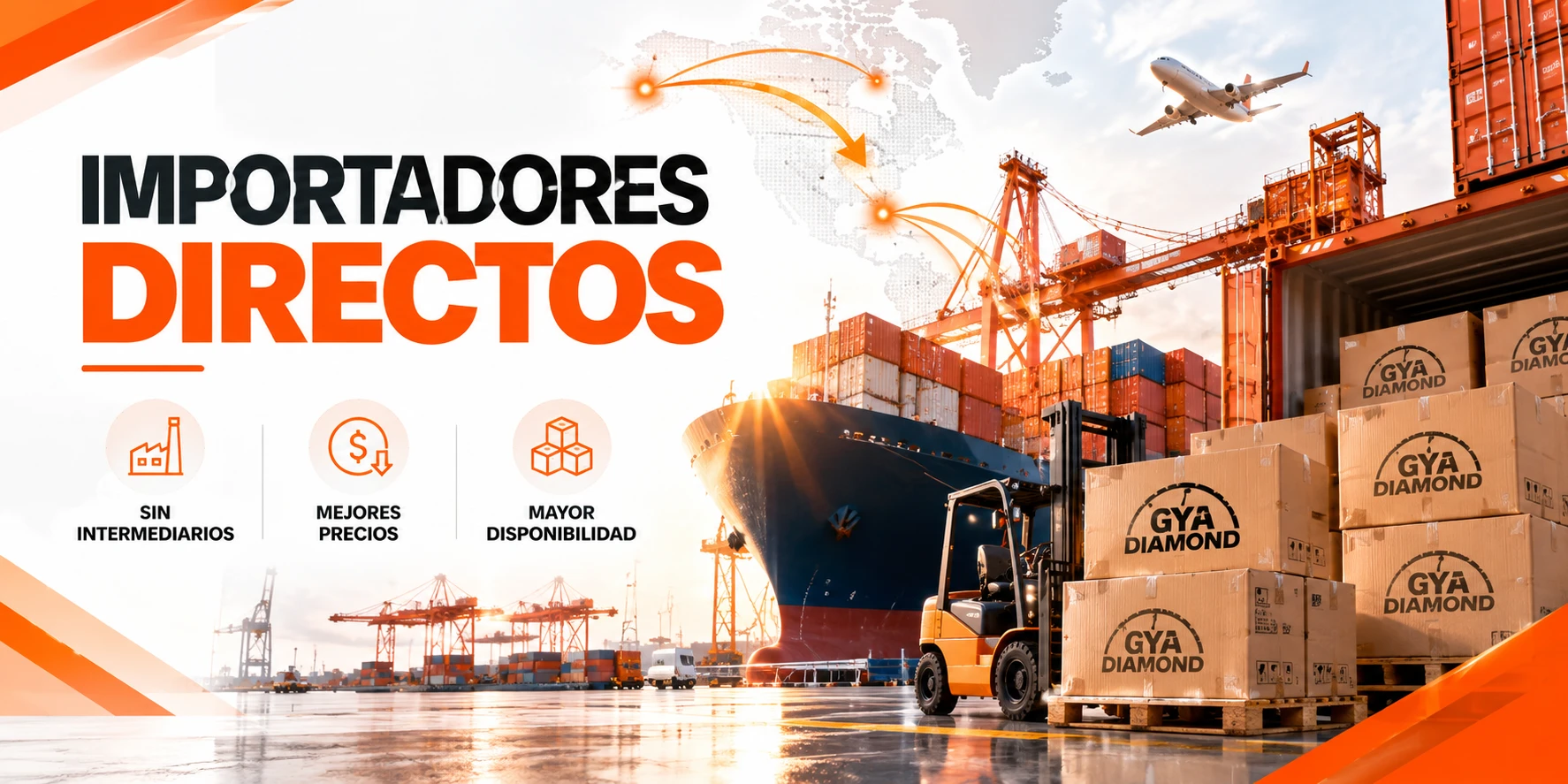 Presentación GYA DIAMOND sobre importación directa, con ilustraciones de transporte y logística internacional